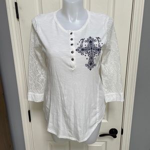 Reba Studded Cross Lace Button Neck Western Cowgirl Southern Tunic Shirt Sz L